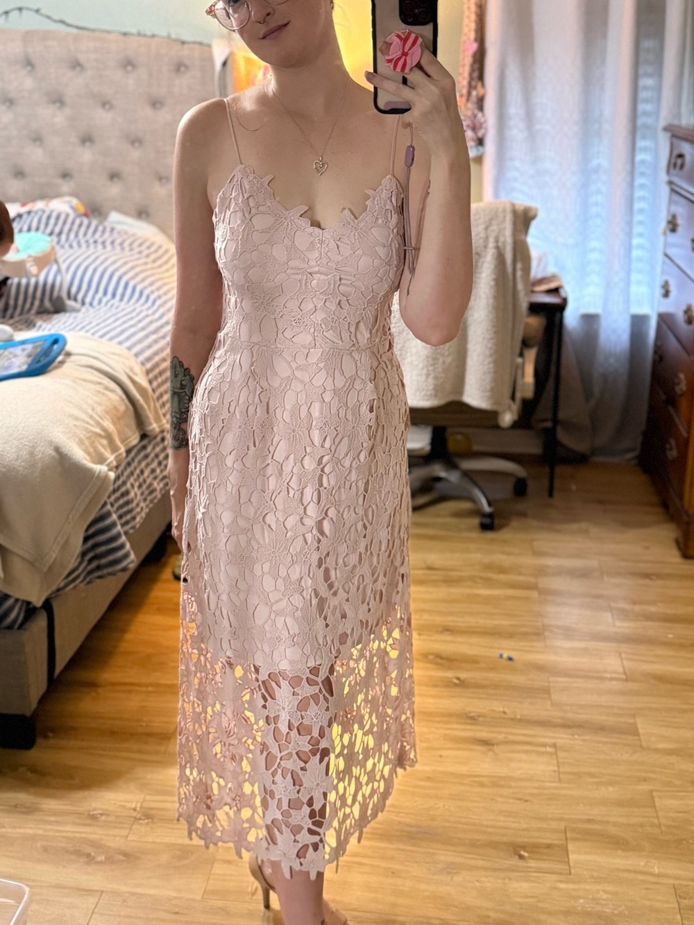 Express Blush Lace Maxi Dress with Spaghetti Straps